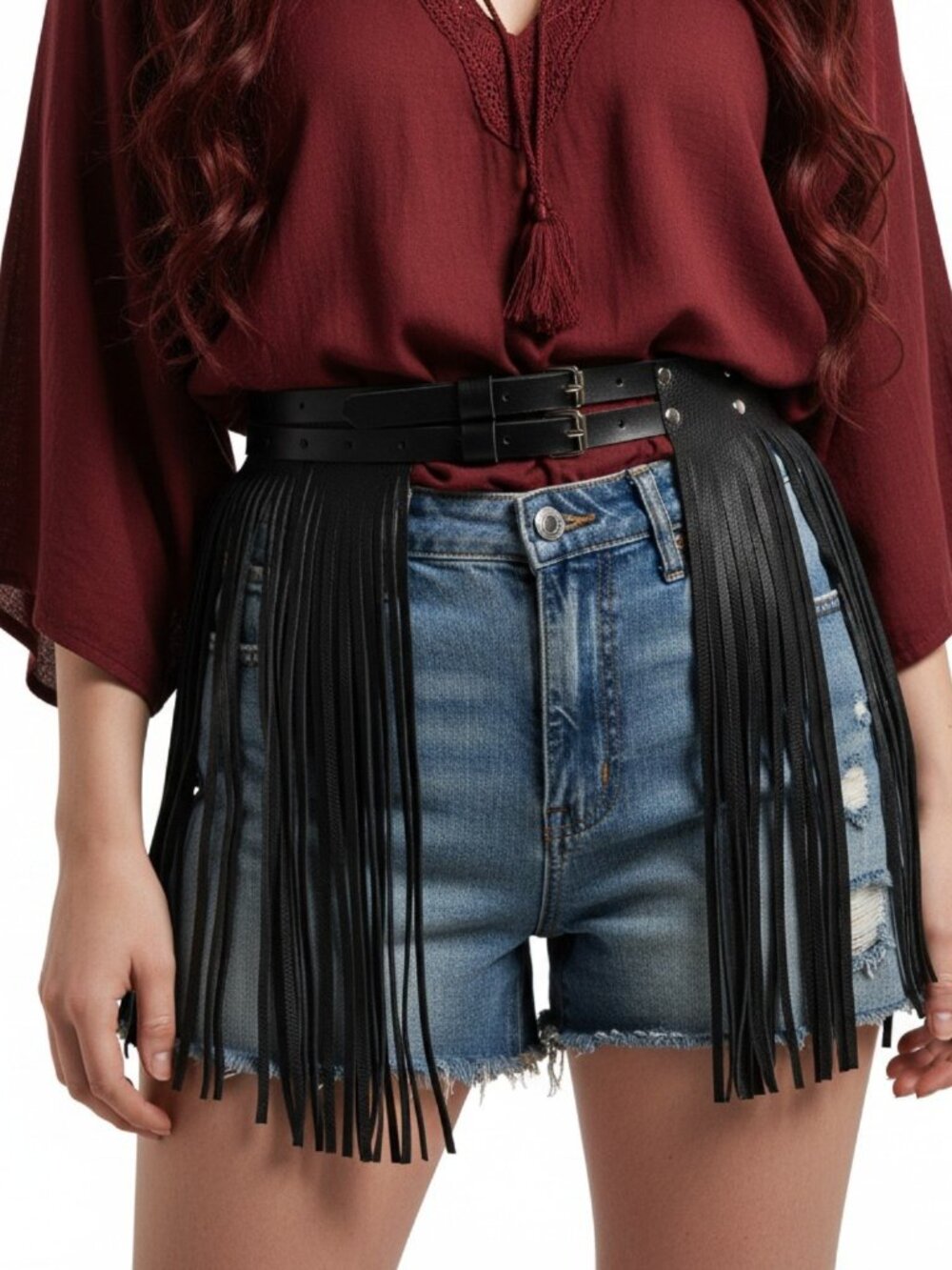 Black Faux Leather Silver Buckle Fringe Belt  28-38"